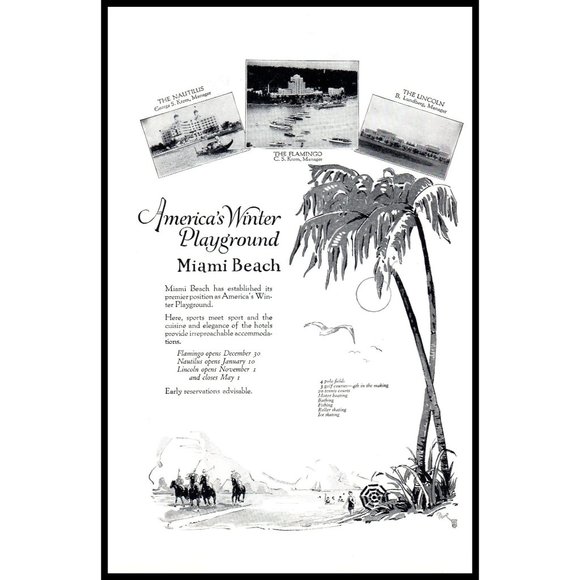 1924 Miami Beach Vacation Travel Vintage Print Ad Polo Nautilus Flamingo Hotel - Picture 1 of 1